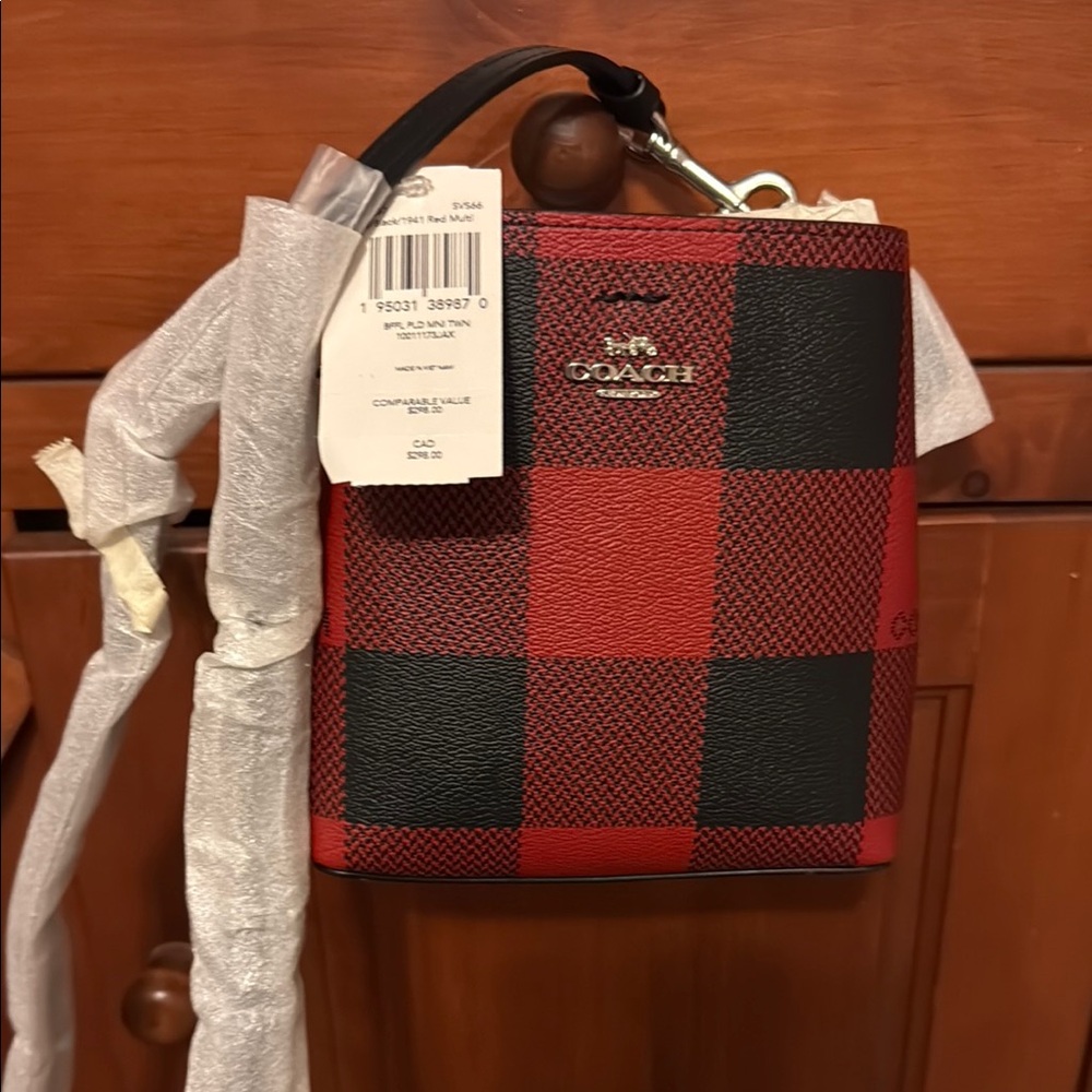 Coach Red and Black Belt Bag with Buffalo Plaid